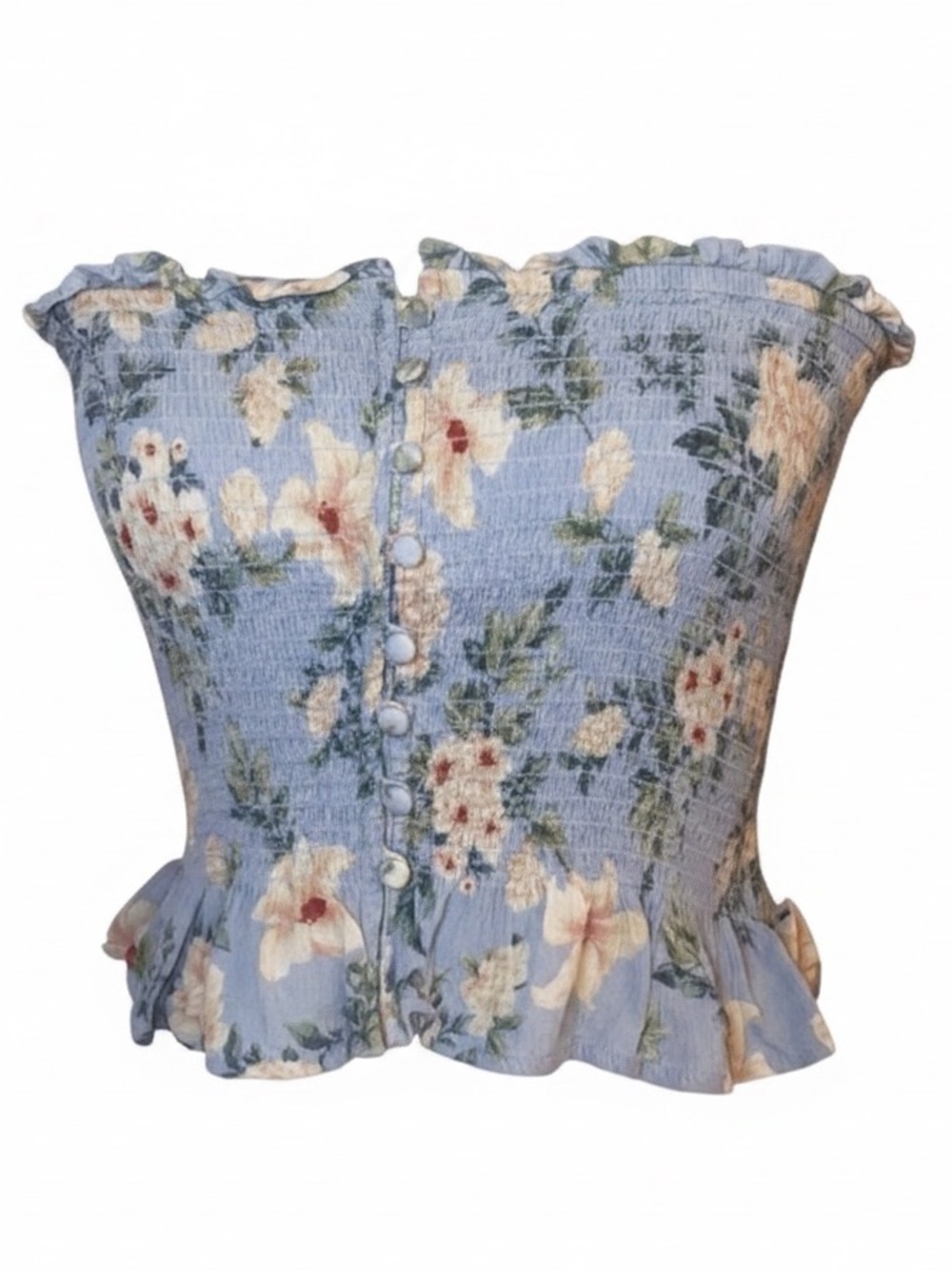 AMERICAN EAGLE Smocked Boho Ruffled Tube Top Cornflower Blue & Beige Size Med